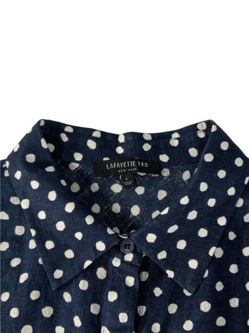 Lafayette 148 NY Linen Button Front Shirt L Blue Polka Dot Natural Fiber - Picture 5 of 15